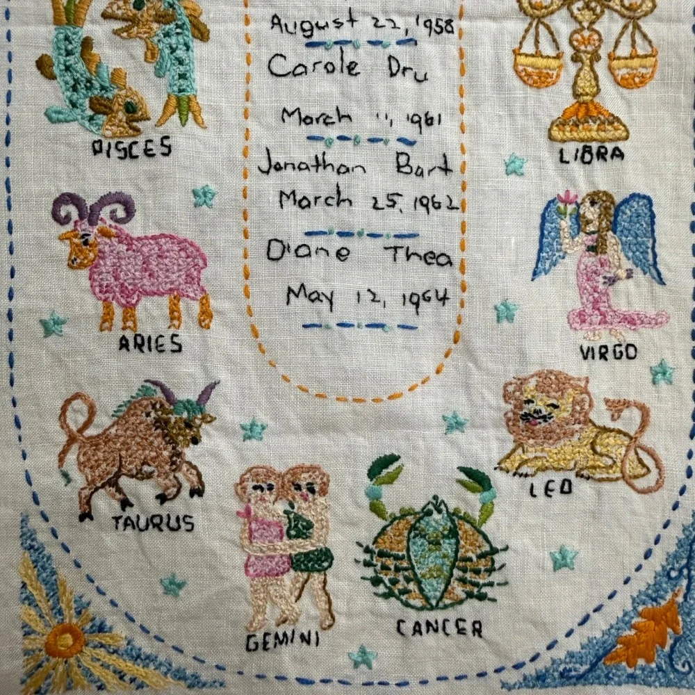 Vintage Zodiac Astrology Hand Finished Cross Stitch Bohemian Folk Art Embroidery
